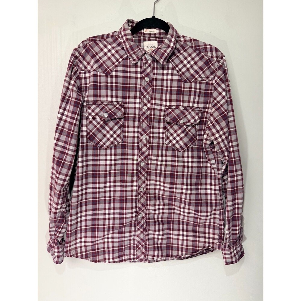 Fossil Vintage Fit Shirt Mens Large Plaid Pearl Snap Western Cotton Button Up